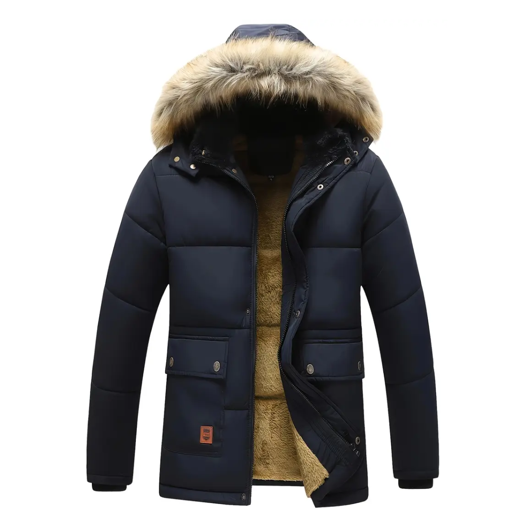 "Gevoerde heren winterparka, wind- en waterdicht met capuchon en zakken, ideaal voor koude stads- en buitenactiviteiten."