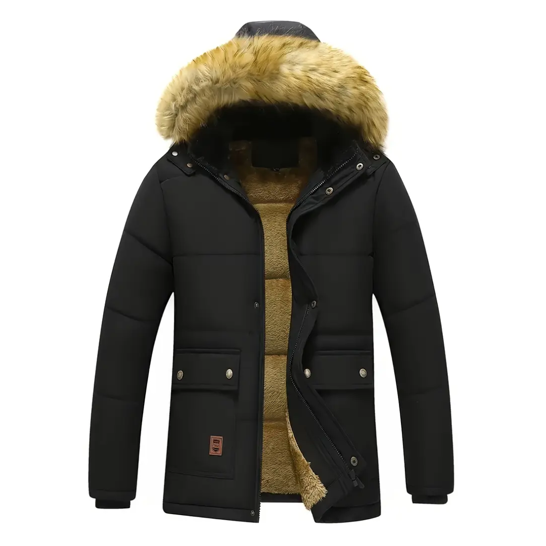 "Gevoerde heren winterparka, wind- en waterdicht met capuchon en zakken, ideaal voor koude stads- en buitenactiviteiten."