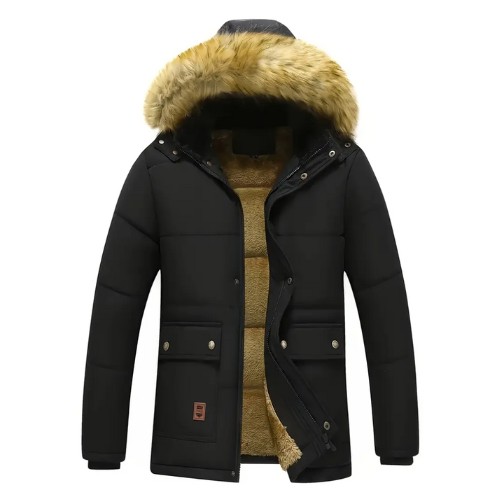"Gevoerde heren winterparka, wind- en waterdicht met capuchon en zakken, ideaal voor koude stads- en buitenactiviteiten."