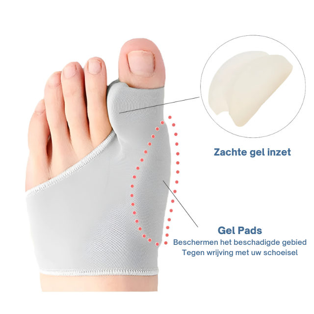 "Grijze gelpad bunion corrector, ergonomisch design voor voetpijnverlichting en comfortabel gebruik in diverse schoenen."