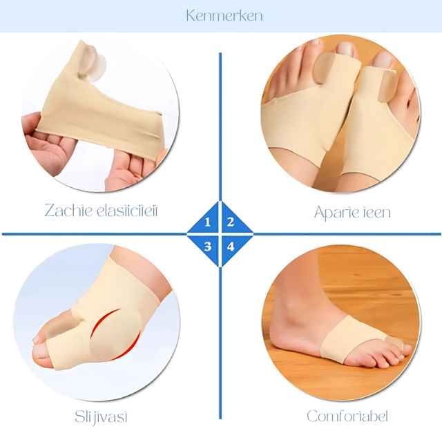"Grijze gelpad bunion corrector, ergonomisch design voor voetpijnverlichting en comfortabel gebruik in diverse schoenen."