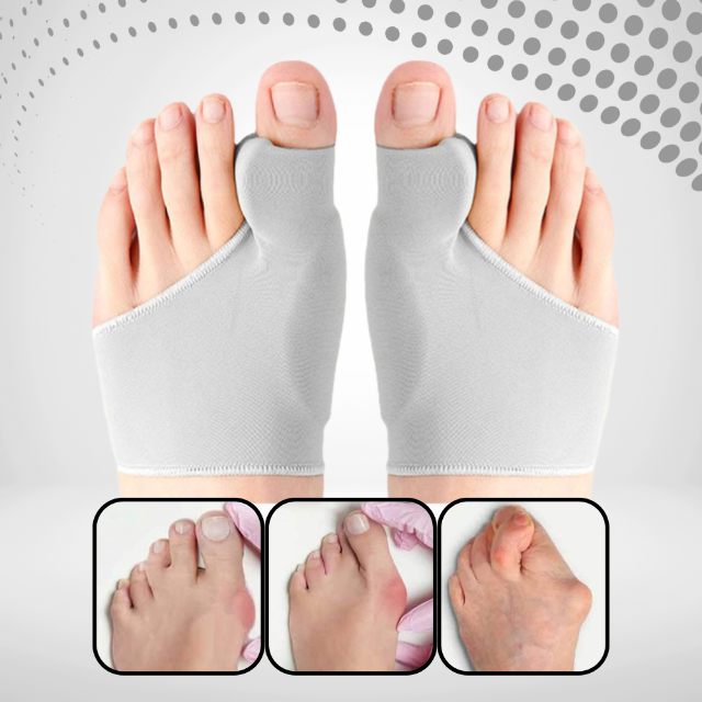 "Grijze gelpad bunion corrector, ergonomisch design voor voetpijnverlichting en comfortabel gebruik in diverse schoenen."