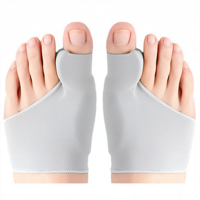 "Grijze gelpad bunion corrector, ergonomisch design voor voetpijnverlichting en comfortabel gebruik in diverse schoenen."