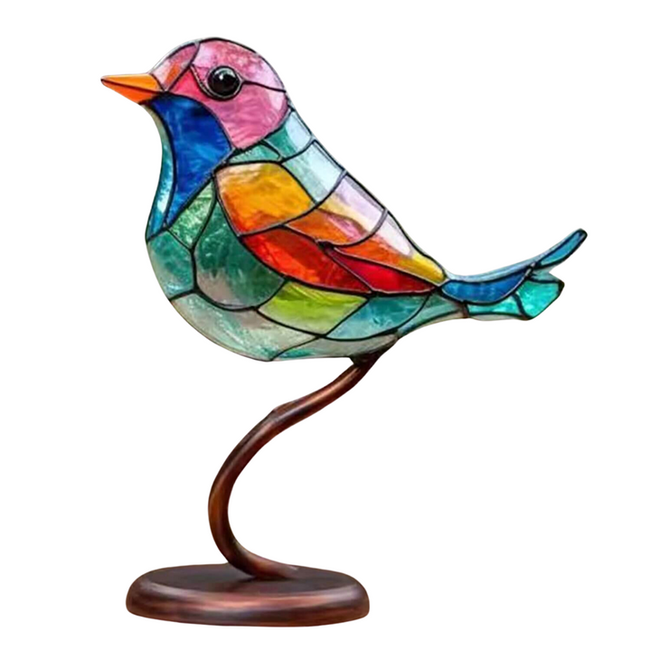 "Handgemaakt kleurrijk vogelbeeld op tak, decoratief kunstbeeld met levendige kleuren, perfect voor interieurdecoratie."