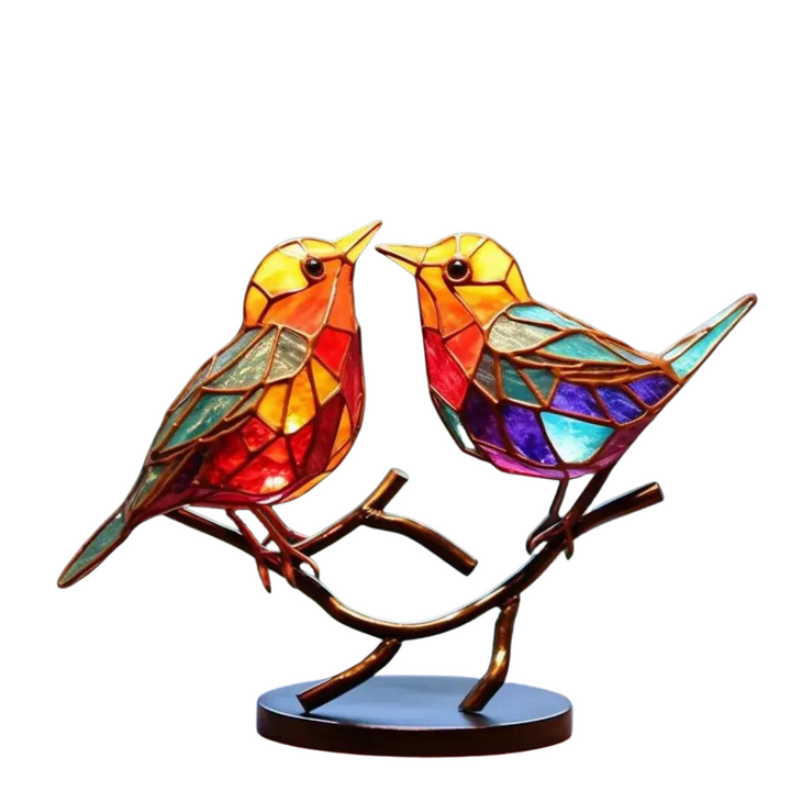 "Handgemaakt kleurrijk vogelbeeld op tak, decoratief kunstbeeld met levendige kleuren, perfect voor interieurdecoratie."