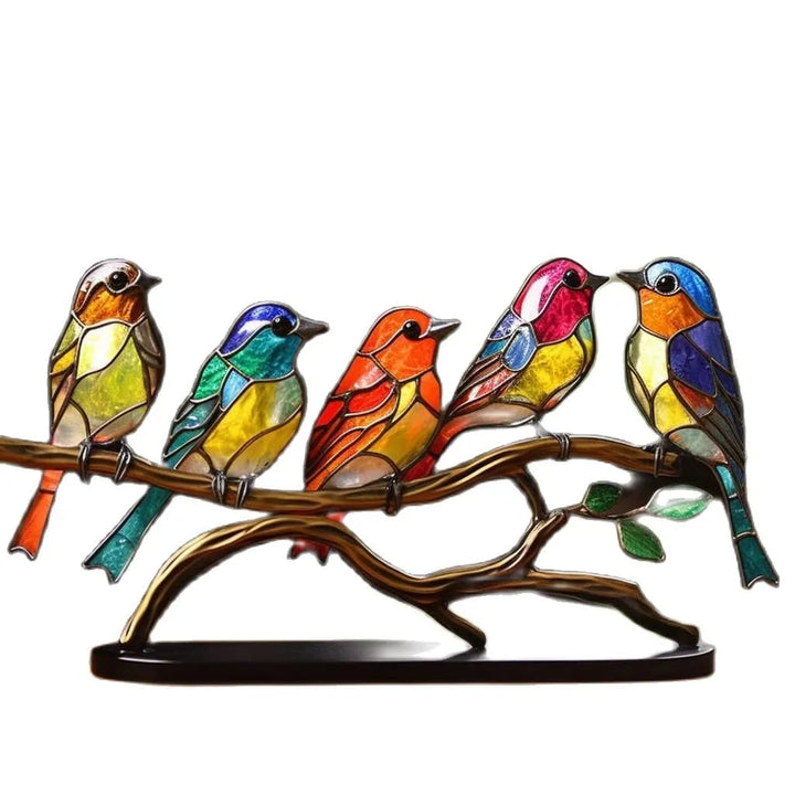 "Handgemaakt kleurrijk vogelbeeld op tak, decoratief kunstbeeld met levendige kleuren, perfect voor interieurdecoratie."