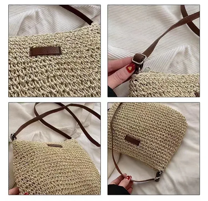 "Handgemaakte boho handtas voor dames, zomerse strandtas met natuurlijke charme en ruim design, ideaal voor zonnige dagen."