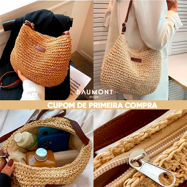 "Handgemaakte boho handtas voor dames, zomerse strandtas met natuurlijke charme en ruim design, ideaal voor zonnige dagen."