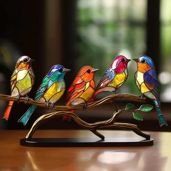 "Handgemaakte gekleurde glazen vogels, elegant decoratief kunstwerk voor stijlvol interieur, 15 cm hoog, 25 cm breed."