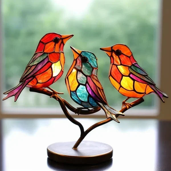 "Handgemaakte gekleurde glazen vogels, elegant decoratief kunstwerk voor stijlvol interieur, 15 cm hoog, 25 cm breed."