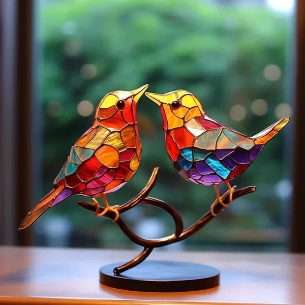 "Handgemaakte gekleurde glazen vogels, elegant decoratief kunstwerk voor stijlvol interieur, 15 cm hoog, 25 cm breed."