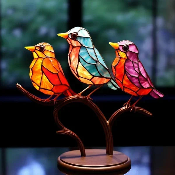 "Handgemaakte gekleurde glazen vogels, elegant decoratief kunstwerk voor stijlvol interieur, 15 cm hoog, 25 cm breed."