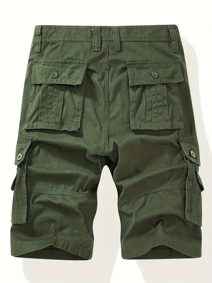 "Heren cargo shorts voorkant met klassiek design, zomers katoen, meerdere zakken, taille trekkoord voor comfort en stijl."
