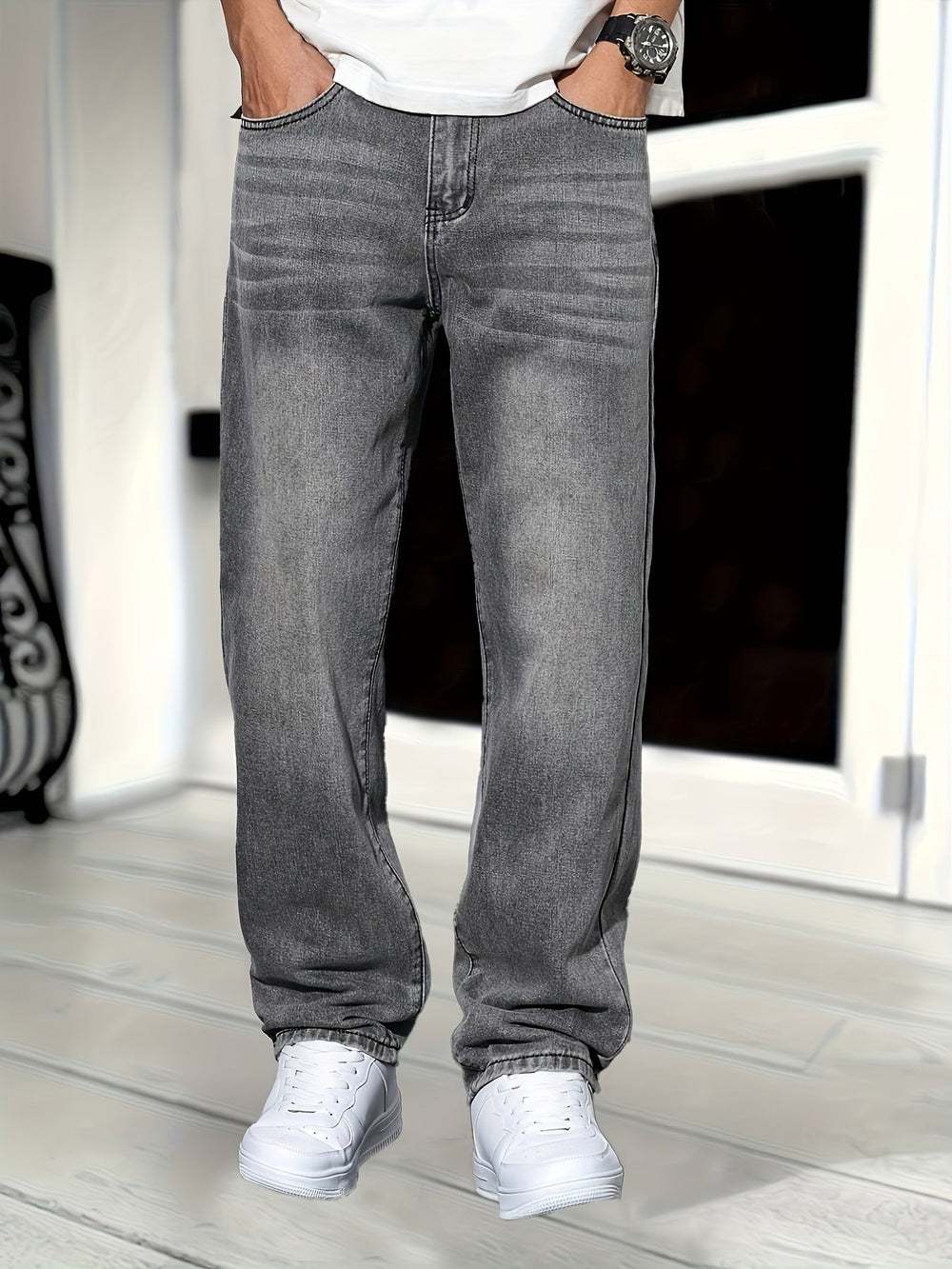 "Heren denim jeans met rechte pasvorm, effen kleur en gewassen afwerking, ideaal voor elke gelegenheid."