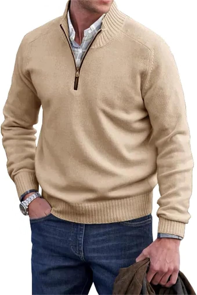 "Heren half-zip gebreide trui, fijngebreid, ribkraag, ritssluiting, stijlvol, geschikt voor formeel en casual gebruik."