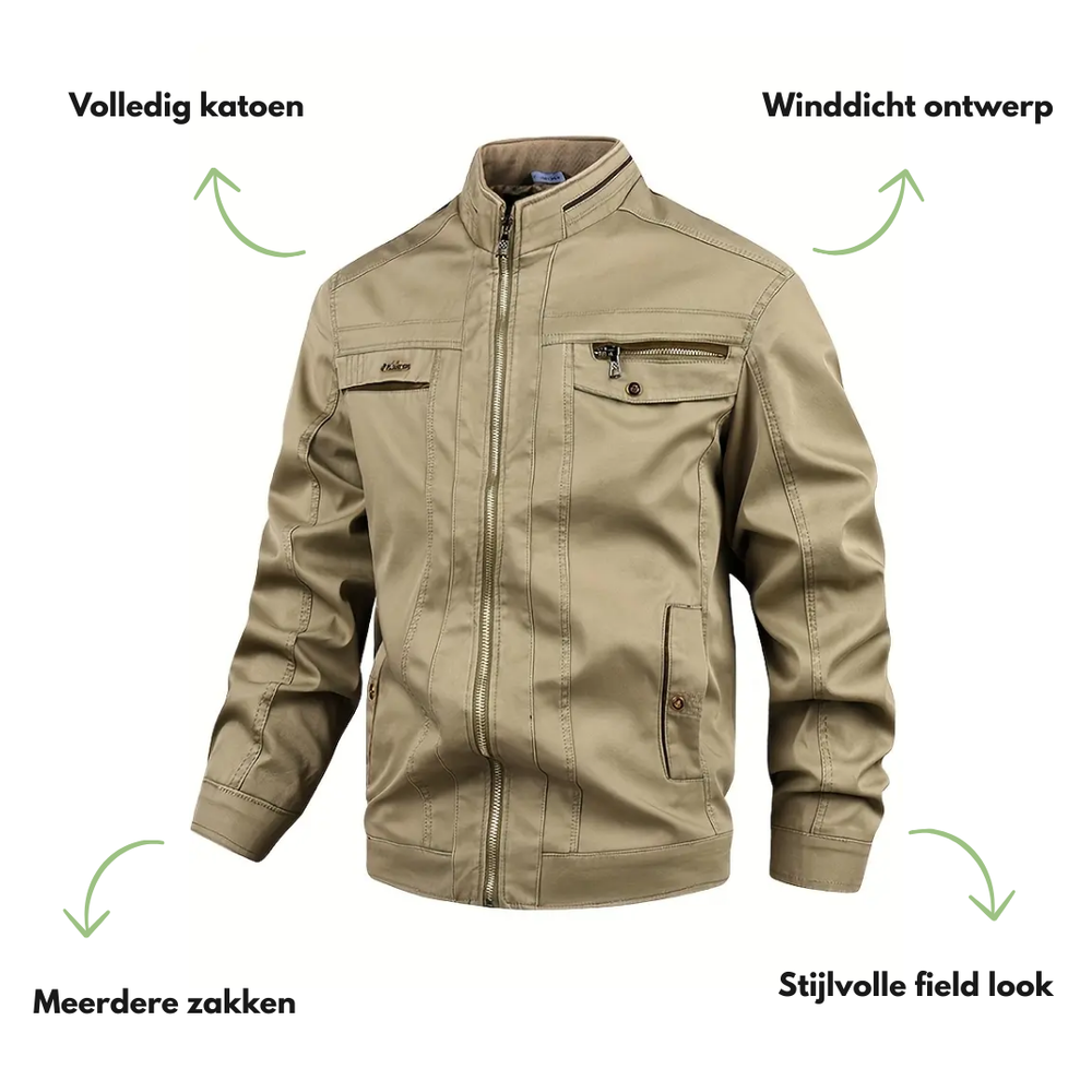 "Heren Katoenen Herfst Jas, winddicht, casual, effen kleur, opstaande kraag, rits- en knoopsluiting, outdoor gebruik."