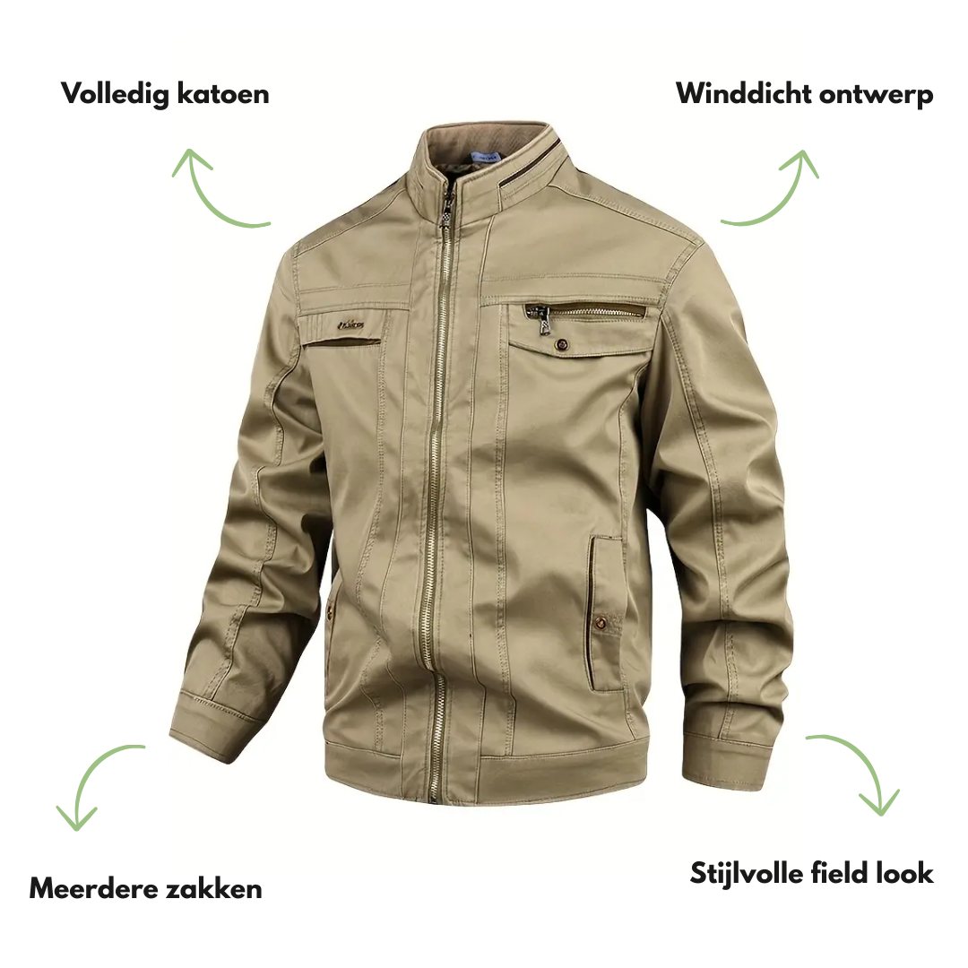"Heren Katoenen Herfst Jas, winddicht, casual, effen kleur, opstaande kraag, rits- en knoopsluiting, outdoor gebruik."