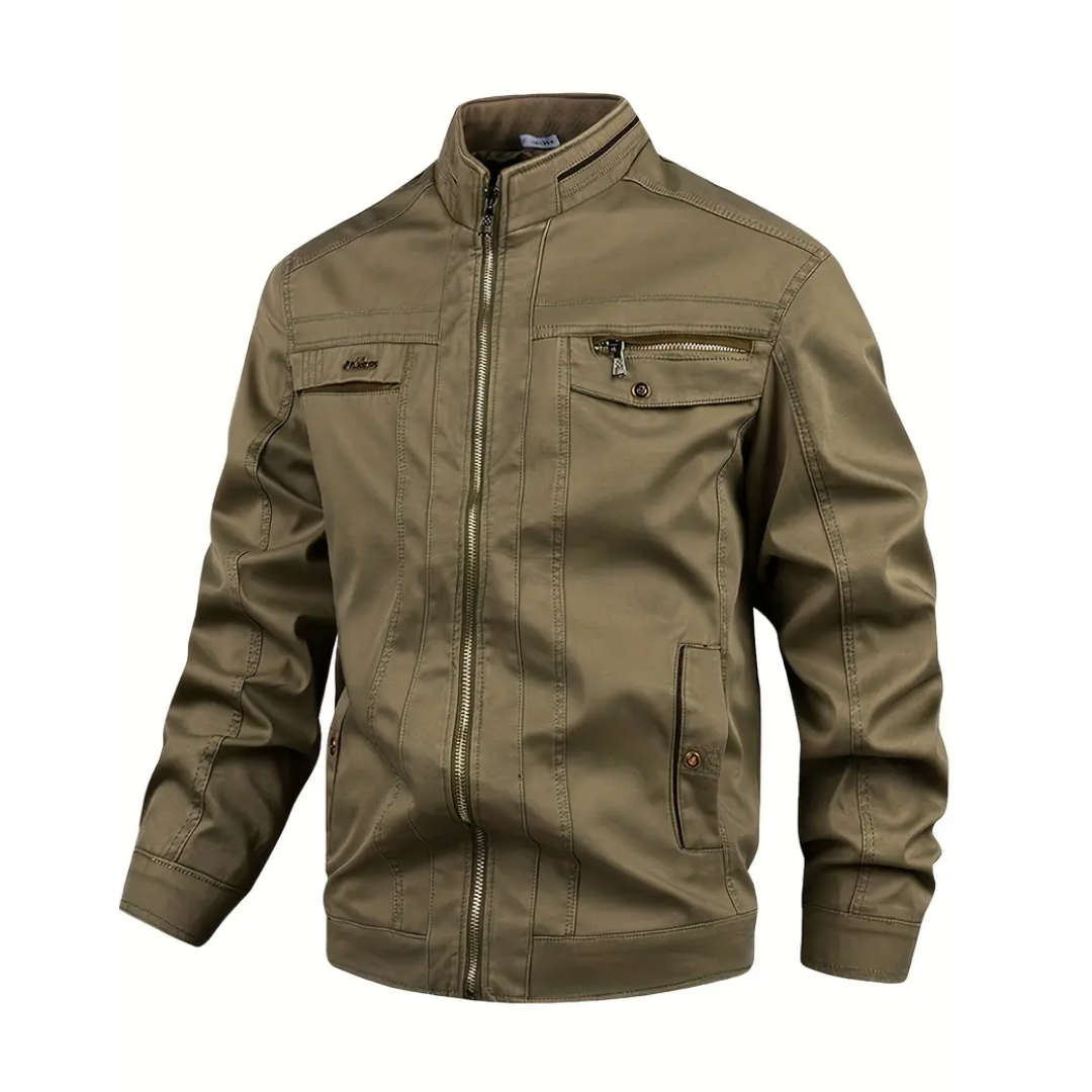 "Heren Katoenen Herfst Jas, winddicht, casual, effen kleur, opstaande kraag, rits- en knoopsluiting, outdoor gebruik."