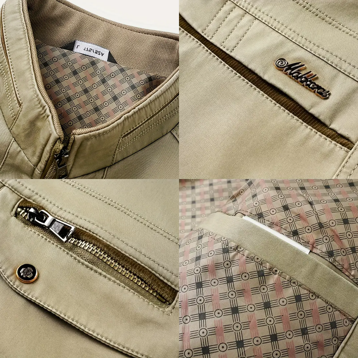 "Heren Katoenen Herfst Jas, winddicht, casual, effen kleur, opstaande kraag, rits- en knoopsluiting, outdoor gebruik."