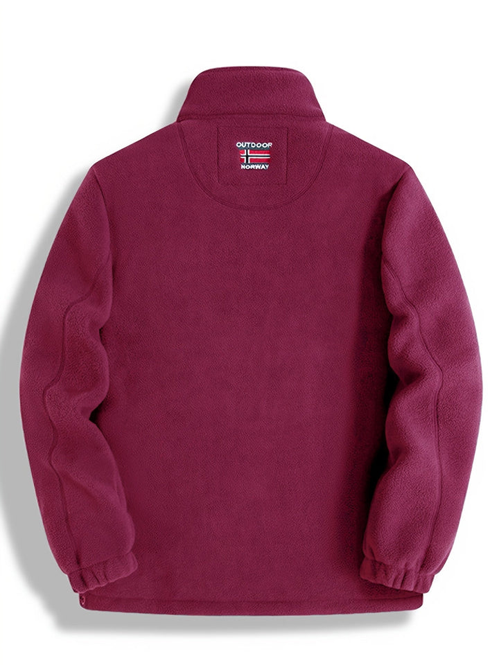 "Heren outdoor fleecejack, warm en winddicht, met hoge kraag. Perfect voor herfst en winteractiviteiten."