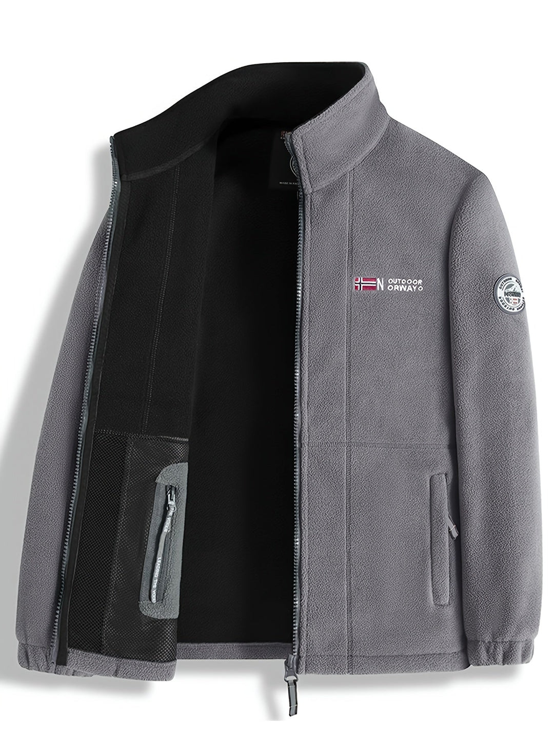 "Heren outdoor fleecejack, warm en winddicht, met hoge kraag. Perfect voor herfst en winteractiviteiten."