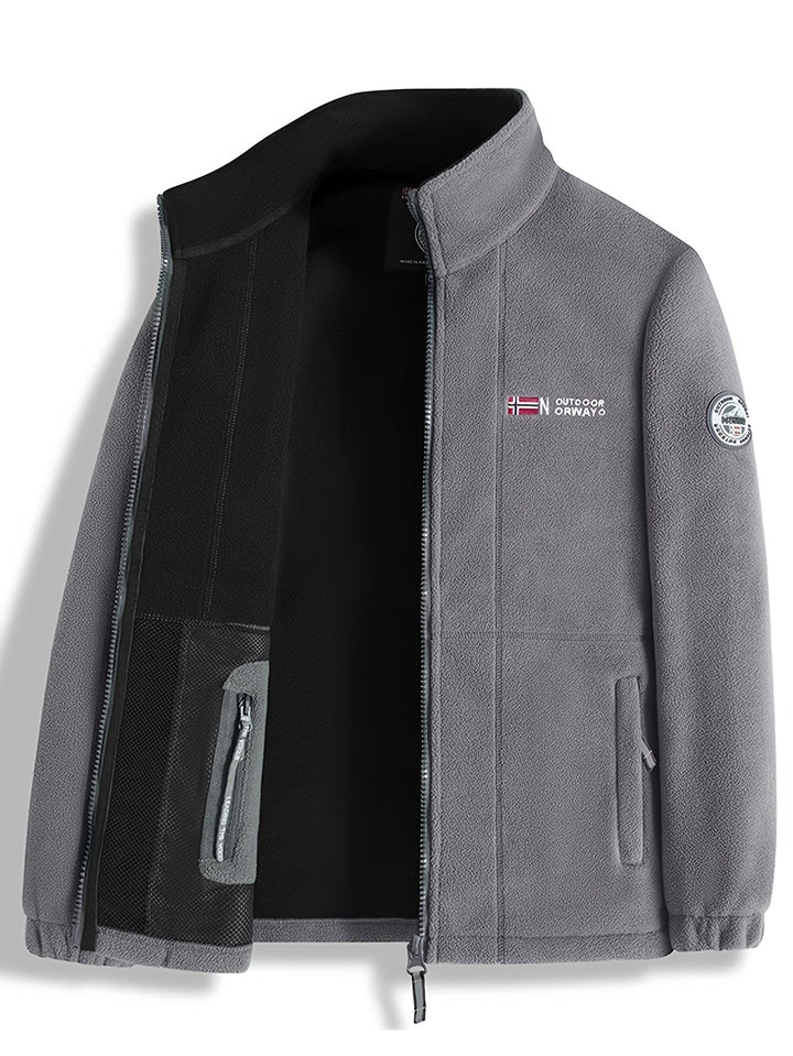 "Heren outdoor fleecejack, warm en winddicht, met hoge kraag. Perfect voor herfst en winteractiviteiten."