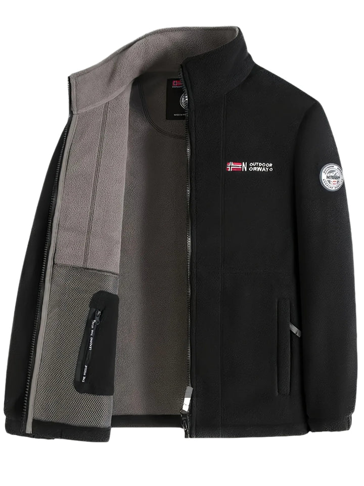 "Heren outdoor fleecejack, warm en winddicht, met hoge kraag. Perfect voor herfst en winteractiviteiten."