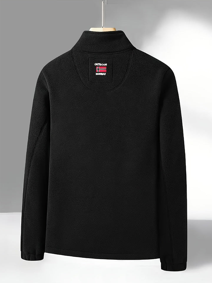 "Heren outdoor fleecejack, warm en winddicht, met hoge kraag. Perfect voor herfst en winteractiviteiten."