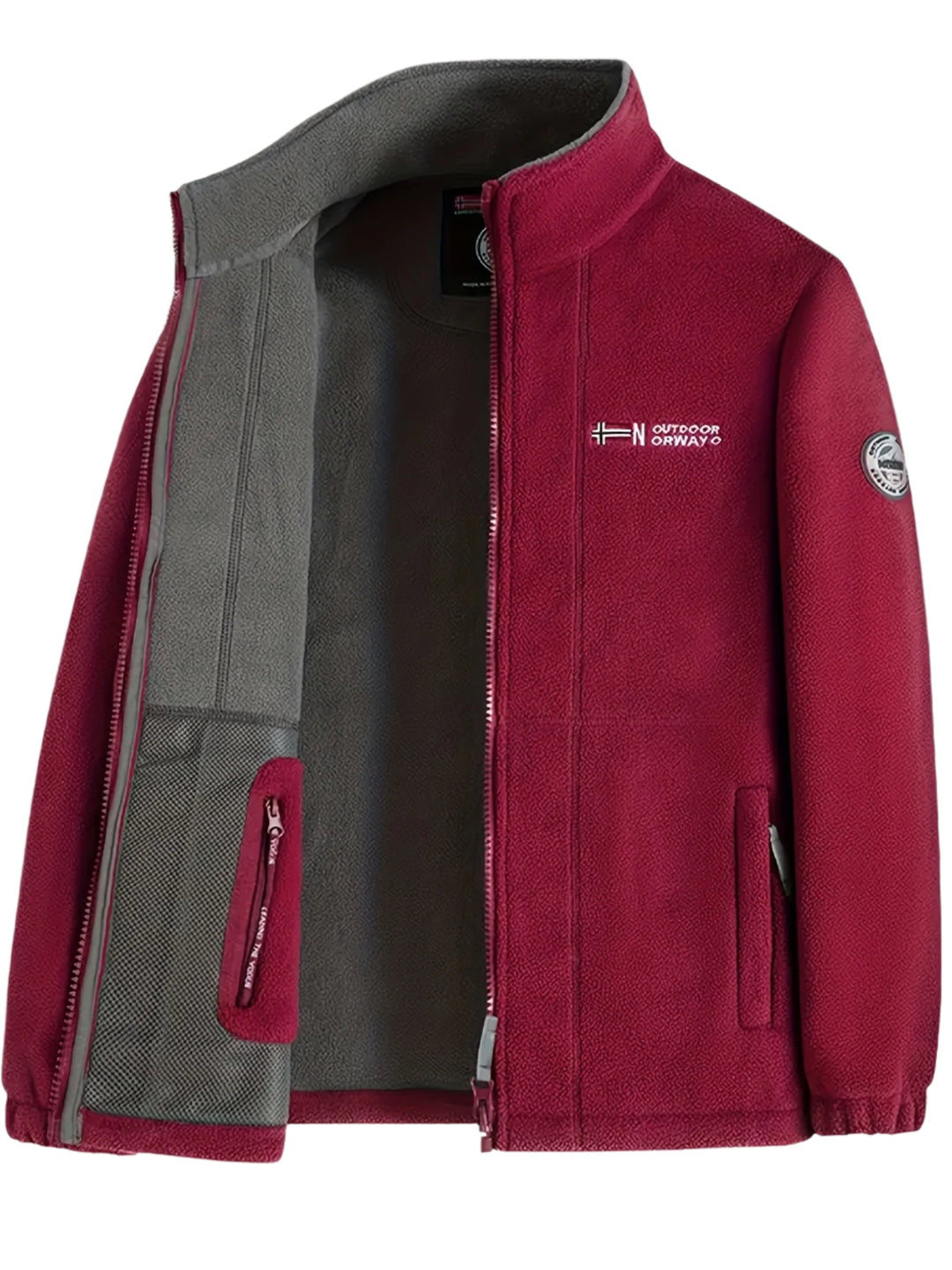 "Heren outdoor fleecejack, warm en winddicht, met hoge kraag. Perfect voor herfst en winteractiviteiten."