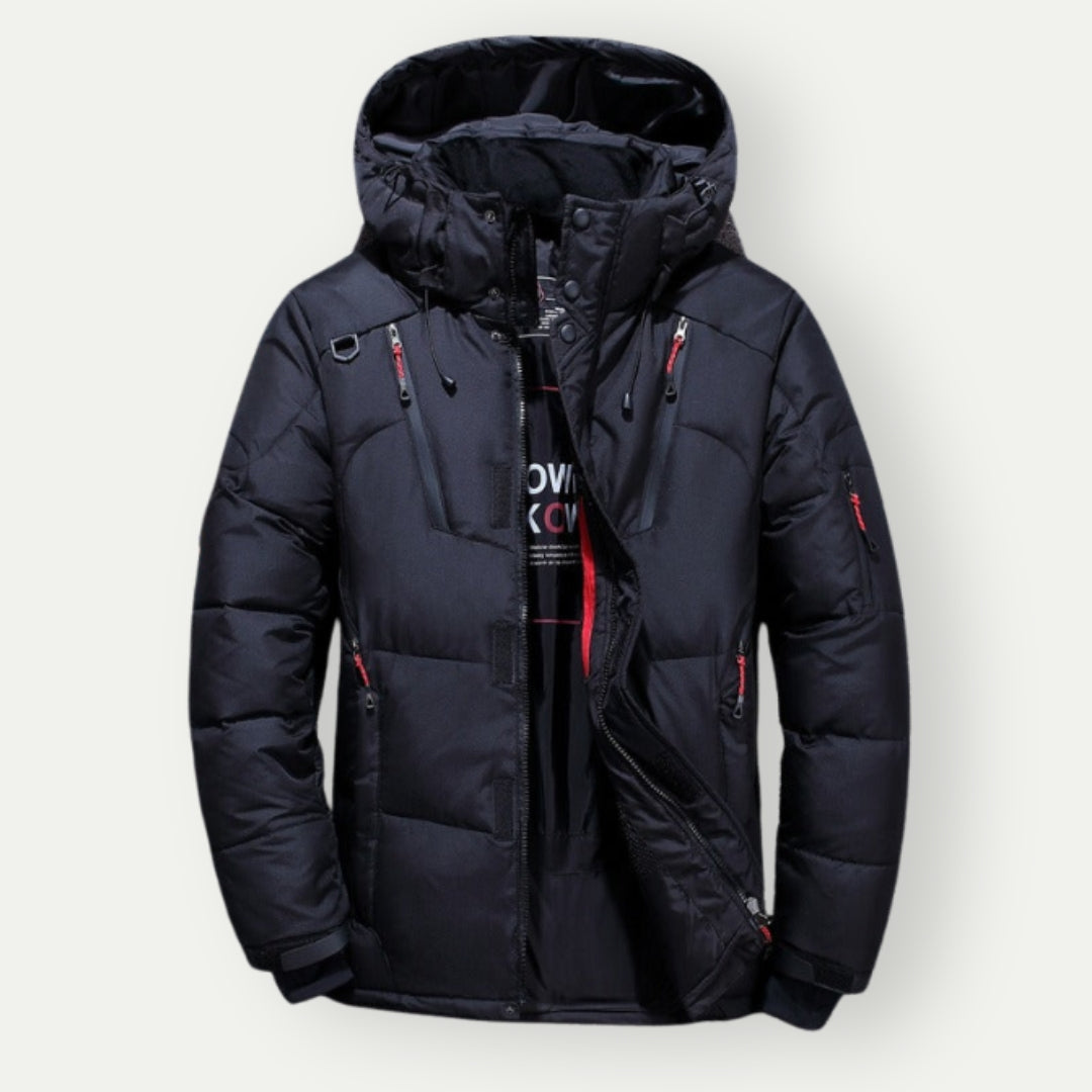 "Heren Parka Winterjas met rits en capuchon, donkergroen, lange mouwen, zijzakken, perfect voor koude dagen."