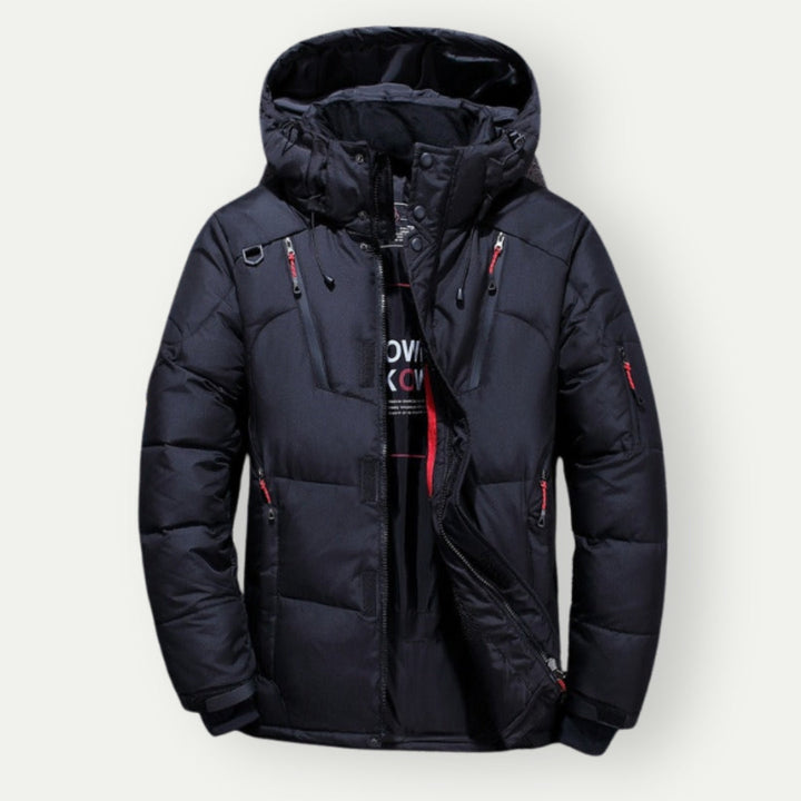"Heren Parka Winterjas met rits en capuchon, donkergroen, lange mouwen, zijzakken, perfect voor koude dagen."