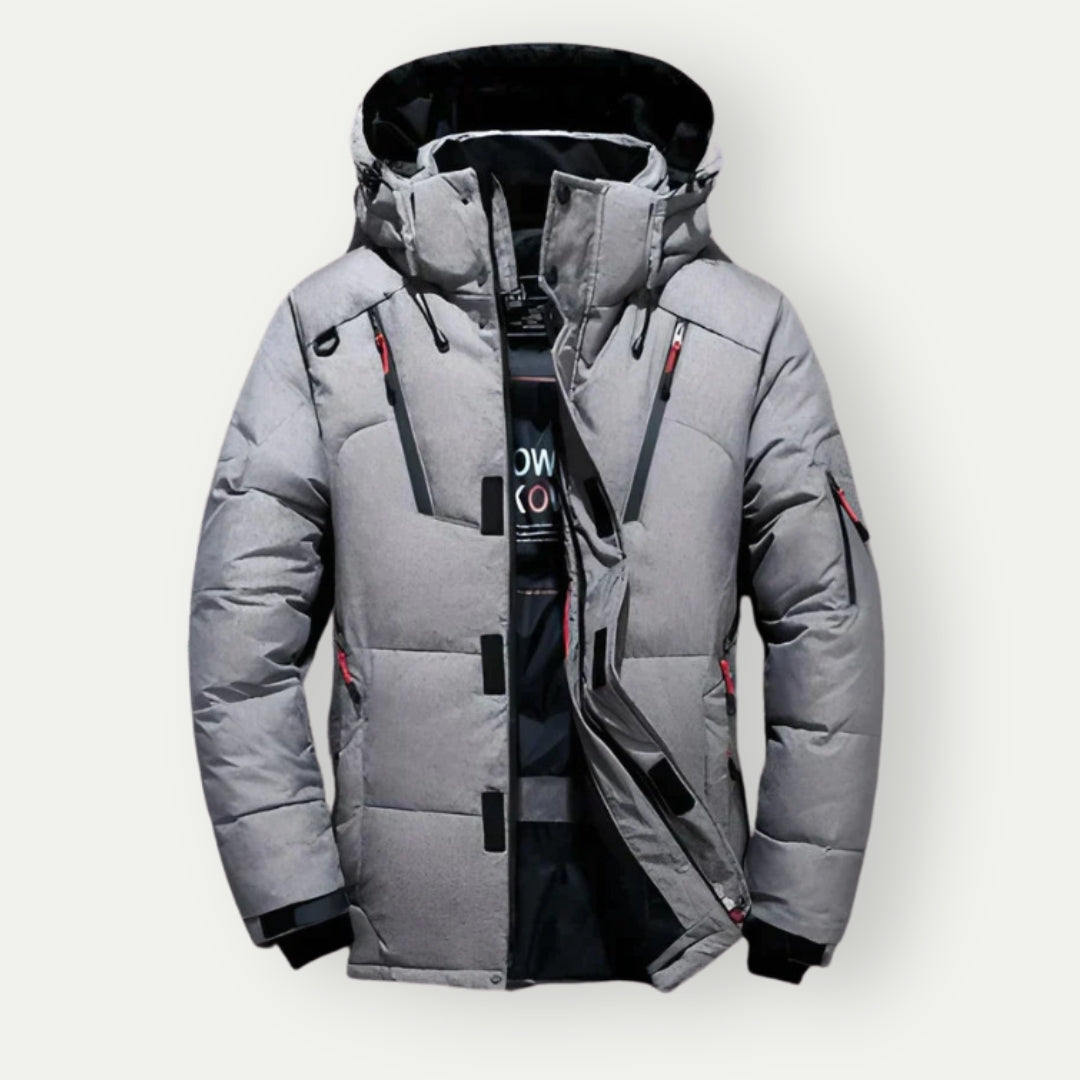 "Heren Parka Winterjas met rits en capuchon, donkergroen, lange mouwen, zijzakken, perfect voor koude dagen."
