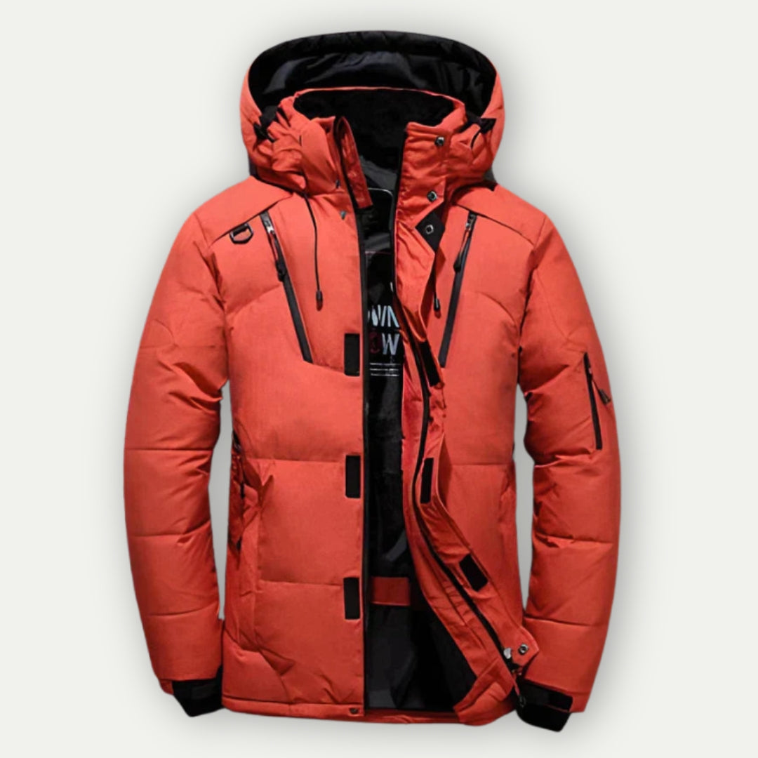 "Heren Parka Winterjas met rits en capuchon, donkergroen, lange mouwen, zijzakken, perfect voor koude dagen."