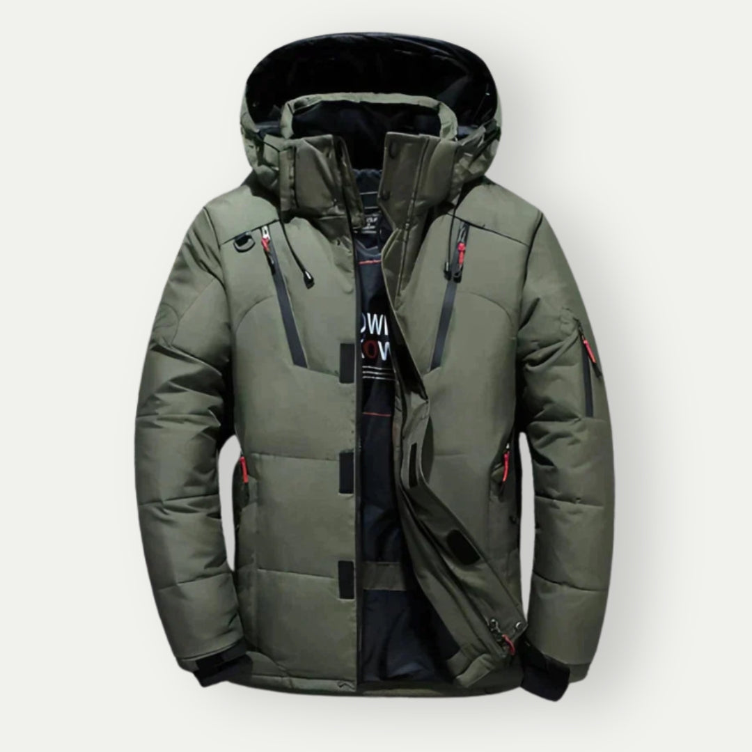 "Heren Parka Winterjas met rits en capuchon, donkergroen, lange mouwen, zijzakken, perfect voor koude dagen."