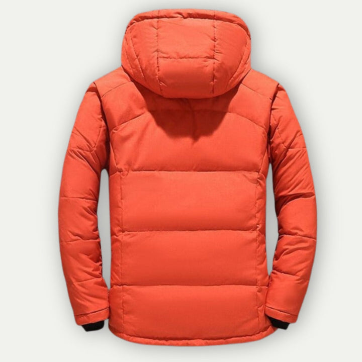 "Heren Parka Winterjas met rits en capuchon, donkergroen, lange mouwen, zijzakken, perfect voor koude dagen."