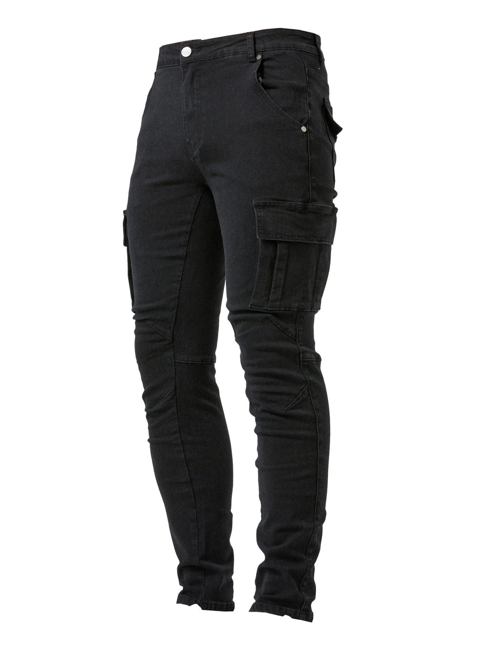 "Heren slim fit cargo jeans met stretch, meerdere zakken, casual street style, getoond van voren op een model"