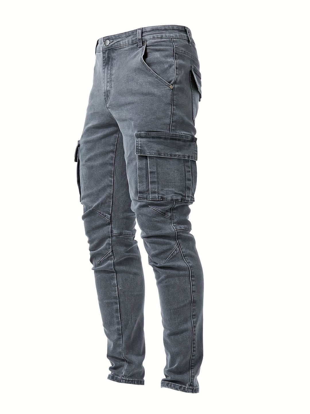 "Heren slim fit cargo jeans met stretch, meerdere zakken, casual street style, getoond van voren op een model"