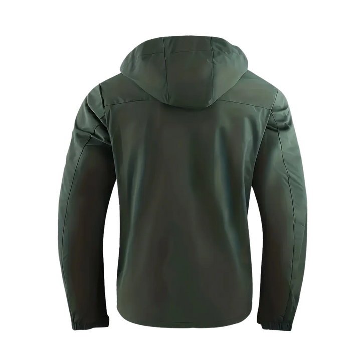 "Heren softshell outdoor jack, wind- en waterdicht, blauw met verstelbare capuchon, ideaal voor herfstwandelen."
