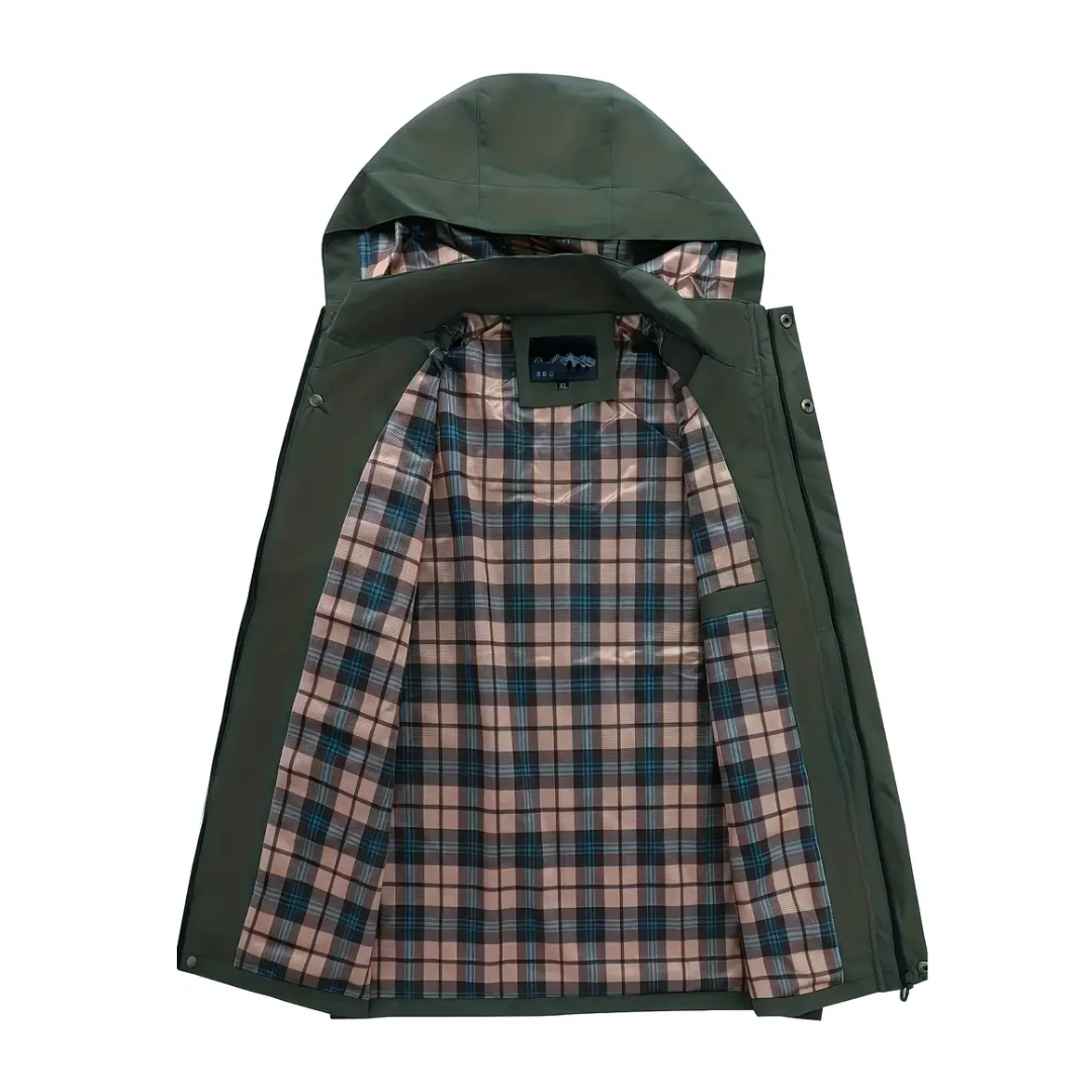 "Heren softshell outdoor jack, wind- en waterdicht, blauw met verstelbare capuchon, ideaal voor herfstwandelen."