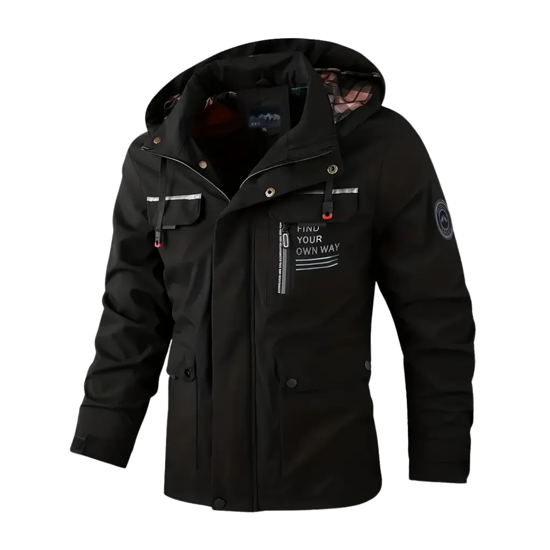 "Heren softshell outdoor jack, wind- en waterdicht, blauw met verstelbare capuchon, ideaal voor herfstwandelen."