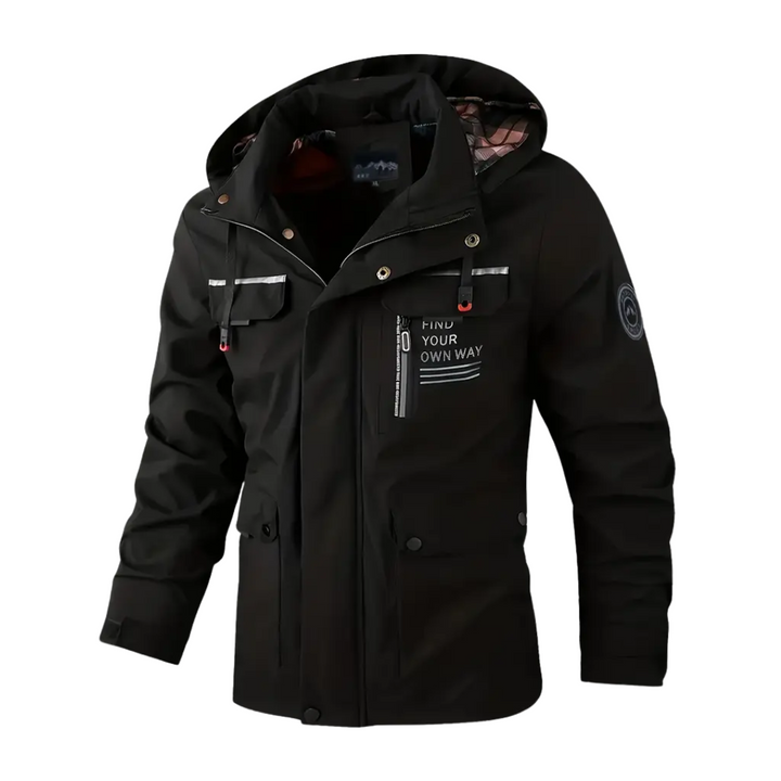 "Heren softshell outdoor jack, wind- en waterdicht, blauw met verstelbare capuchon, ideaal voor herfstwandelen."