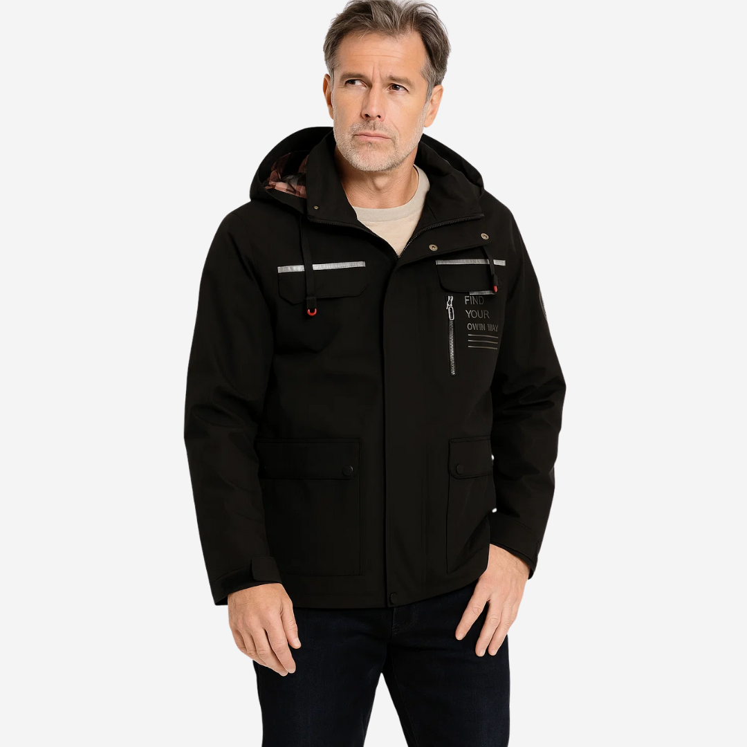 "Heren softshell outdoor jack, wind- en waterdicht, blauw met verstelbare capuchon, ideaal voor herfstwandelen."