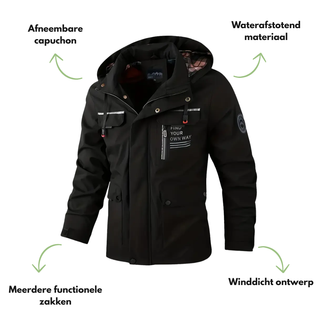 "Heren softshell outdoor jack, wind- en waterdicht, blauw met verstelbare capuchon, ideaal voor herfstwandelen."