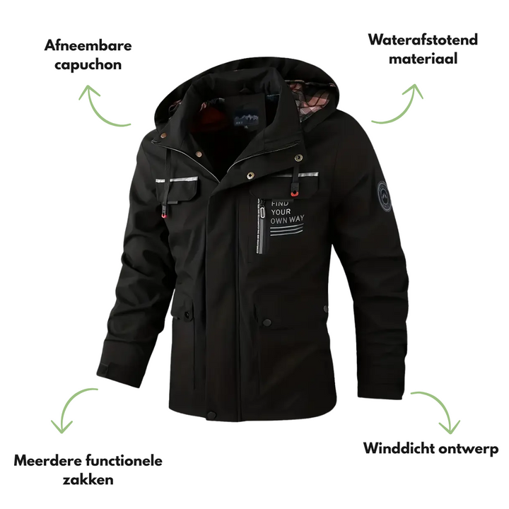 "Heren softshell outdoor jack, wind- en waterdicht, blauw met verstelbare capuchon, ideaal voor herfstwandelen."