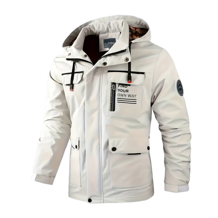 "Heren softshell outdoor jack, wind- en waterdicht, blauw met verstelbare capuchon, ideaal voor herfstwandelen."