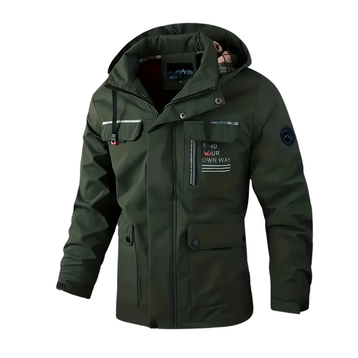 "Heren softshell outdoor jack, wind- en waterdicht, blauw met verstelbare capuchon, ideaal voor herfstwandelen."