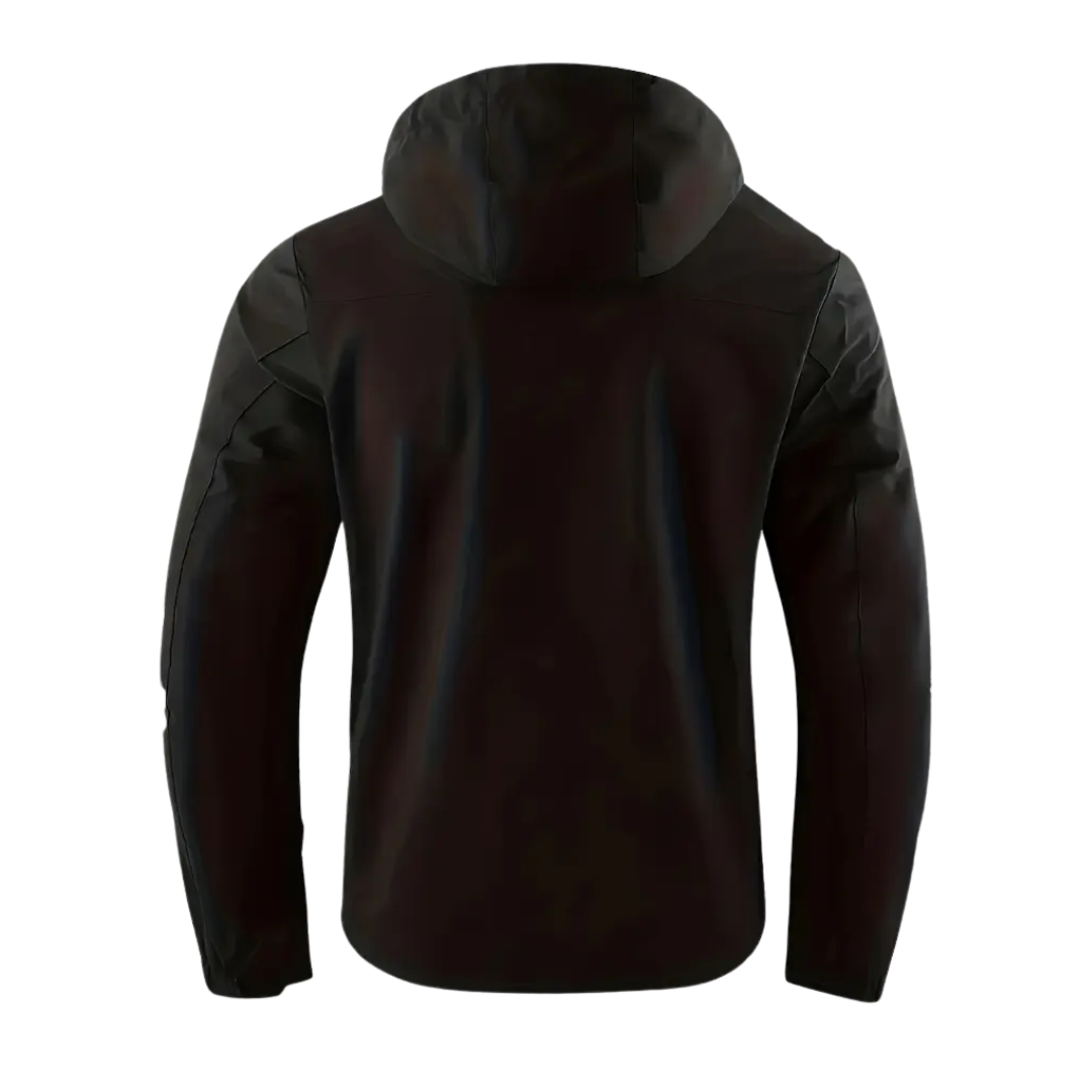 "Heren softshell outdoor jack, wind- en waterdicht, blauw met verstelbare capuchon, ideaal voor herfstwandelen."