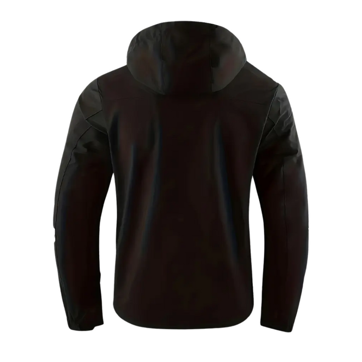 "Heren softshell outdoor jack, wind- en waterdicht, blauw met verstelbare capuchon, ideaal voor herfstwandelen."