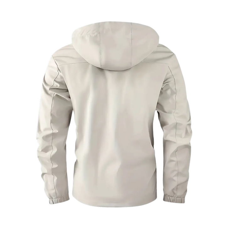 "Heren softshell outdoor jack, wind- en waterdicht, blauw met verstelbare capuchon, ideaal voor herfstwandelen."