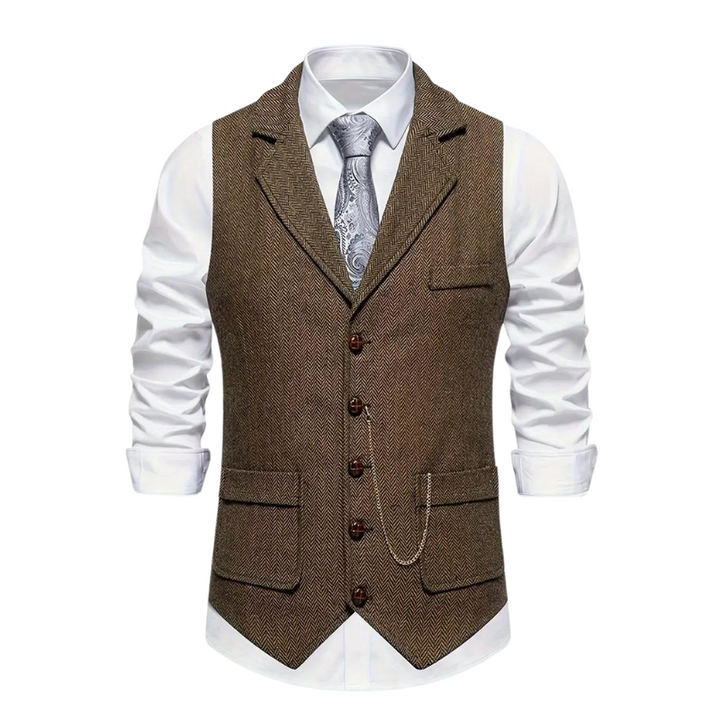 "Heren vintage vest in visgraat tweed, klassieke stijl met elegante revers, perfect voor elke gelegenheid, comfort en duurzaa